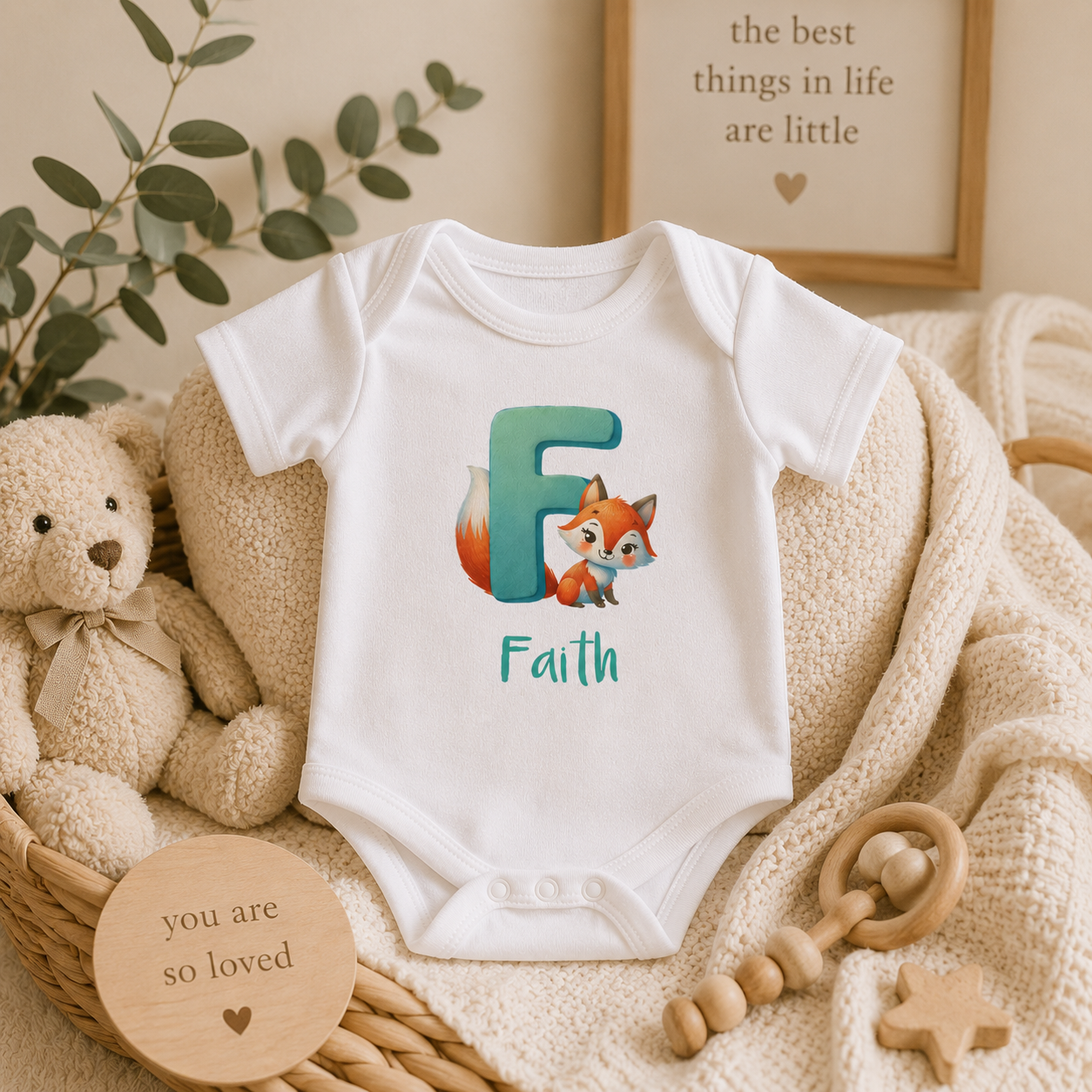Personalized F onesie with fox – lifestyle photo
