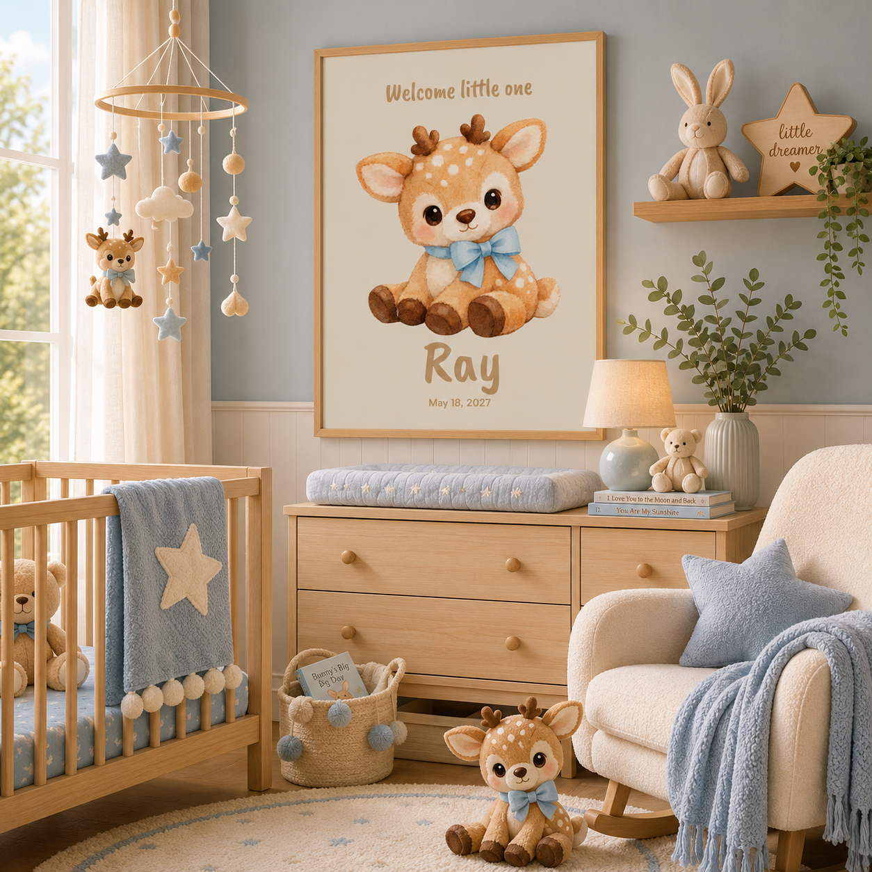 Close-up of fawn nursery poster showing personalized name and birth date