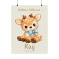 Personalized fawn with blue bow nursery poster, custom baby name and birth date