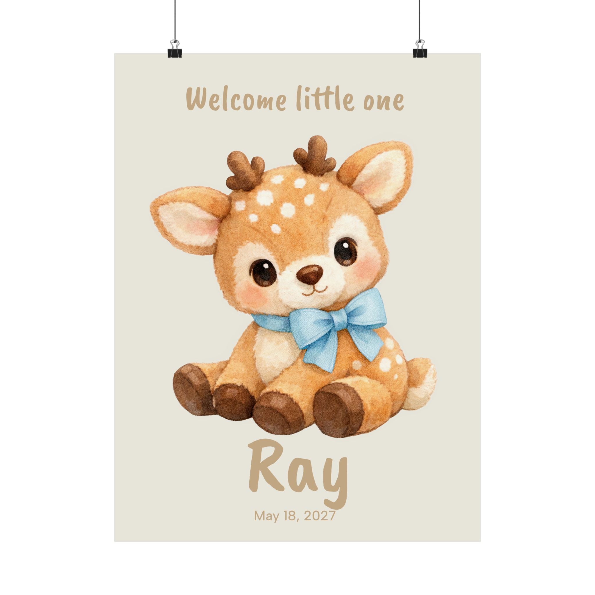 Personalized fawn with blue bow nursery poster, custom baby name and birth date