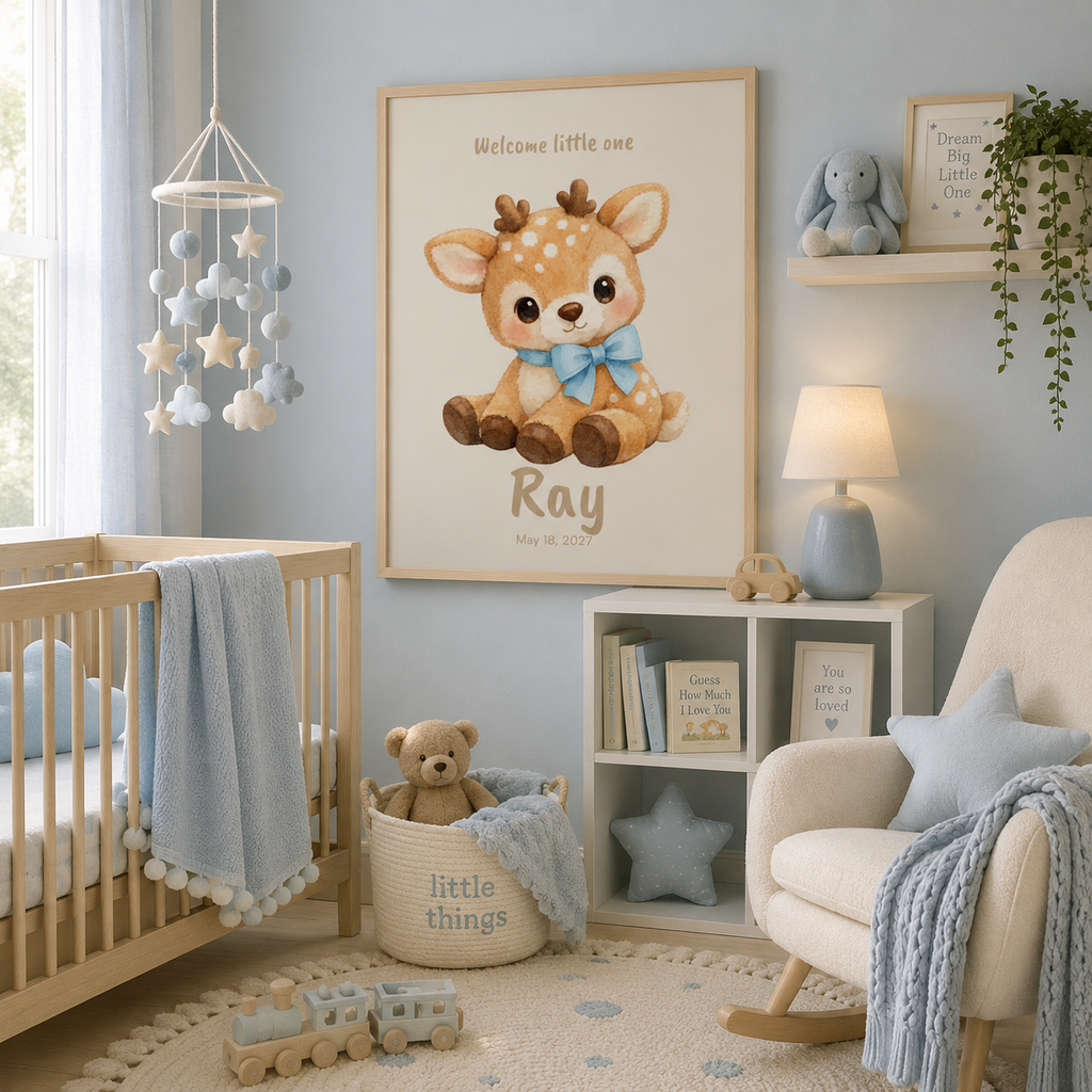 Woodland fawn baby name poster displayed in nursery room setting