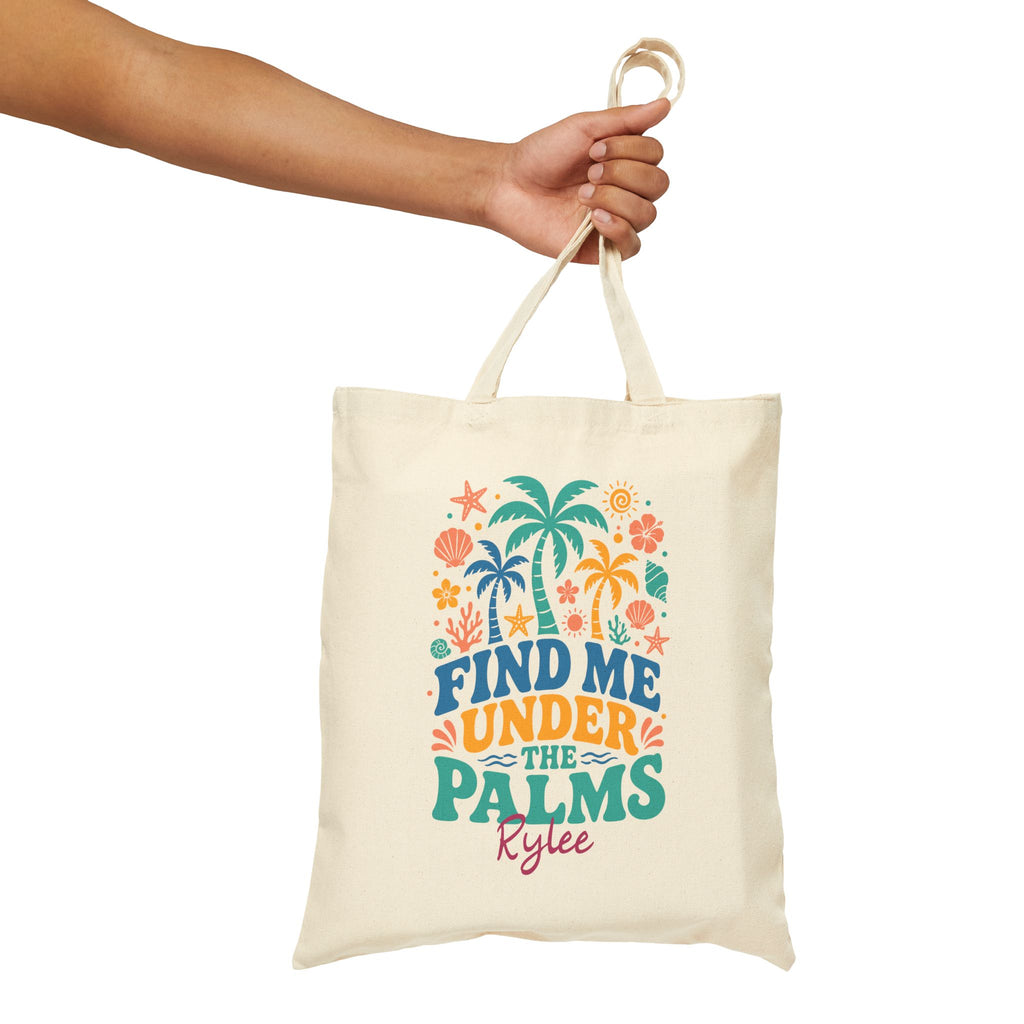 Personalized find me under the palms canvas tote bag styled in a home setting