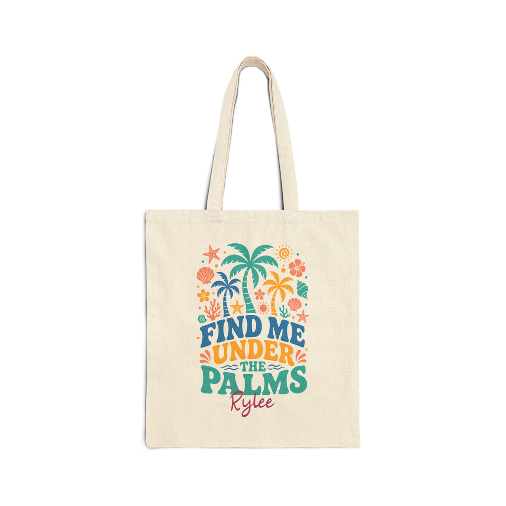 Personalized palm tree canvas tote bag with custom name, find me under the palms design