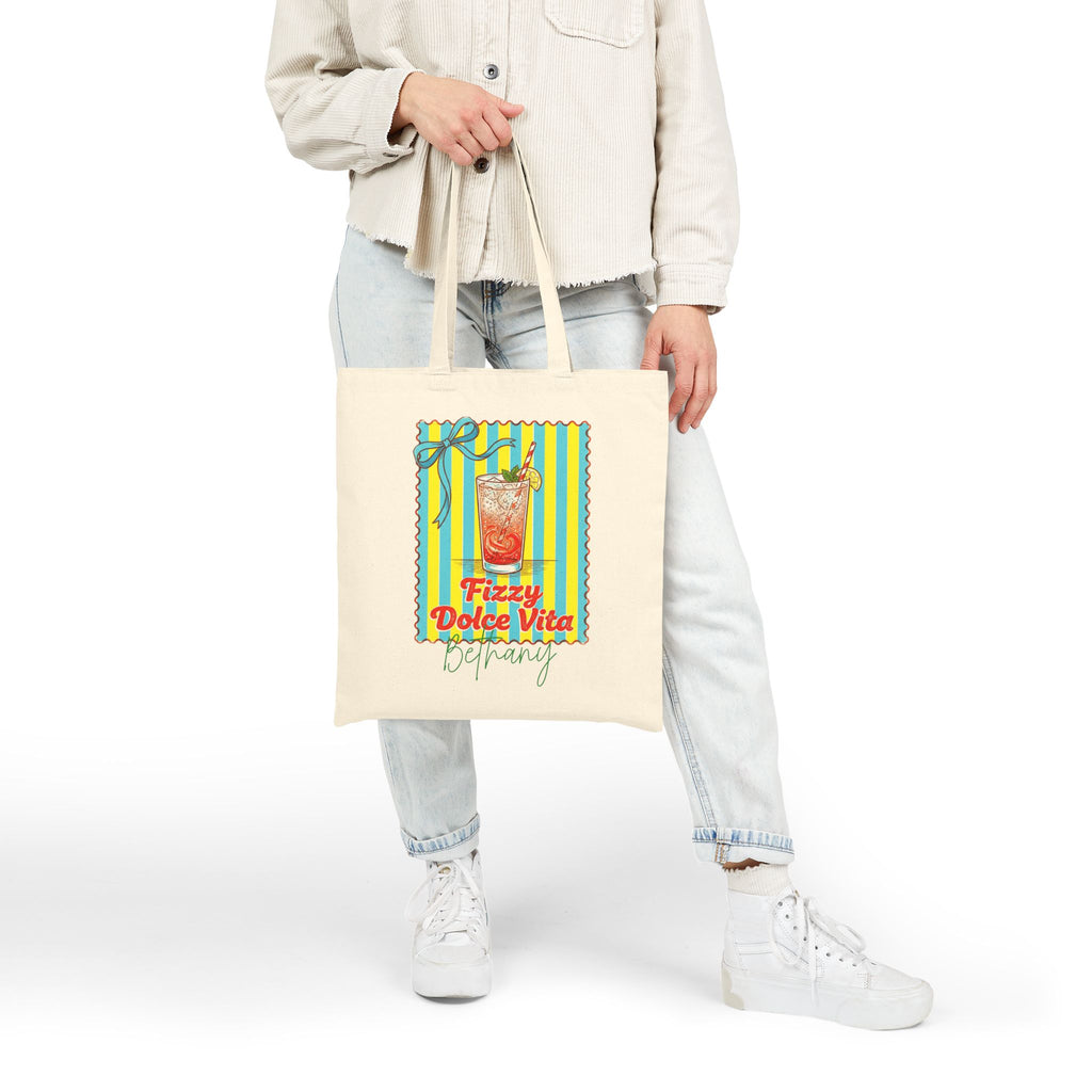 Personalized fizzy dolce vita canvas tote bag styled in a home setting