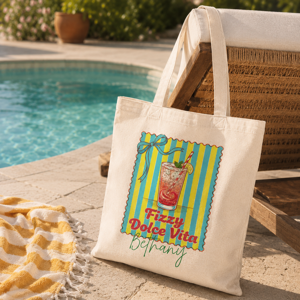 Personalized fizzy dolce vita tote bag shown worn on shoulder, lifestyle photo
