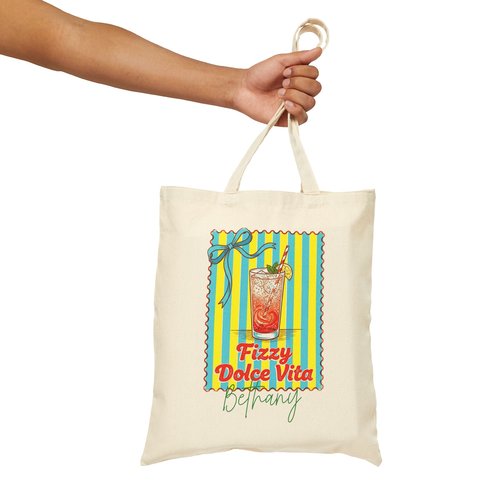 Personalized fizzy dolce vita canvas tote bag size and dimensions reference
