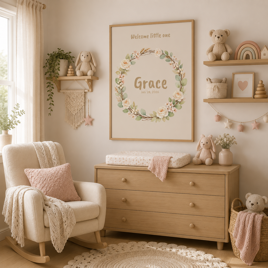 Close-up of floral wreath poster showing personalized name and birth date at center