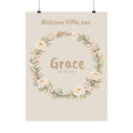 Personalized floral wreath nursery poster with baby name and birth date inside