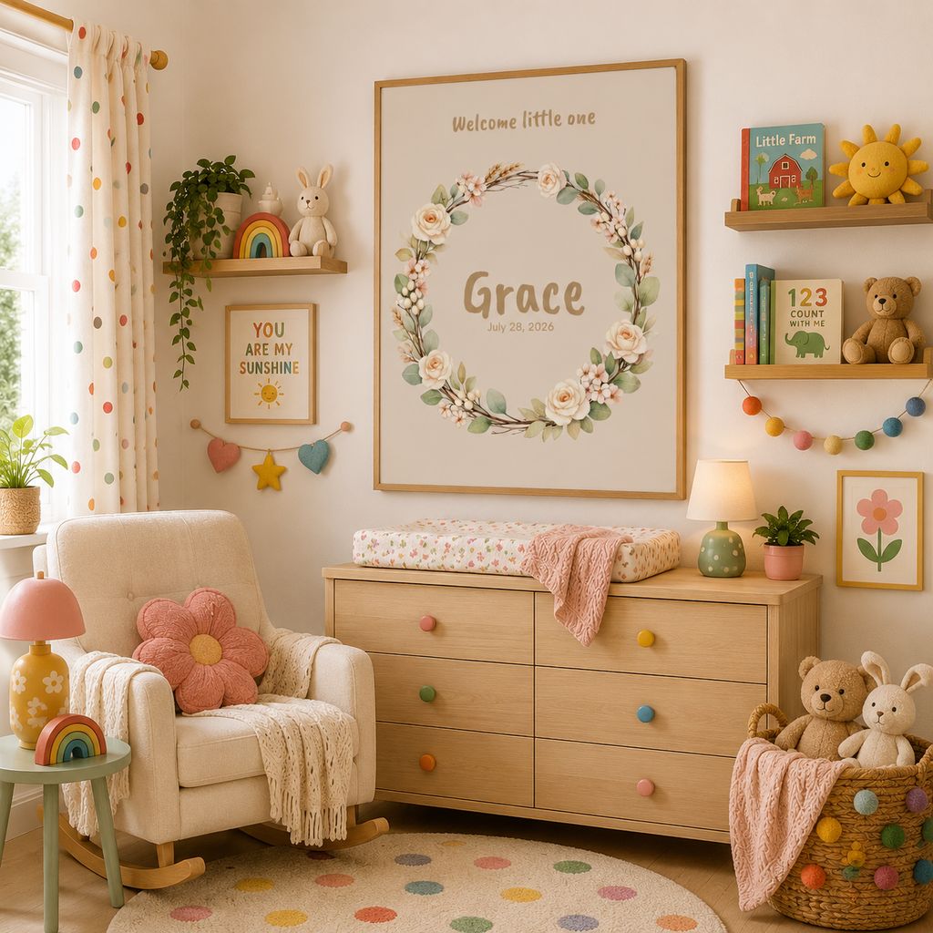 Rose and eucalyptus wreath baby name poster in nursery room setting