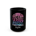 Personalized football mug for girls - Just a Girl Who Loves Football in pastel ombre on black 15oz ceramic