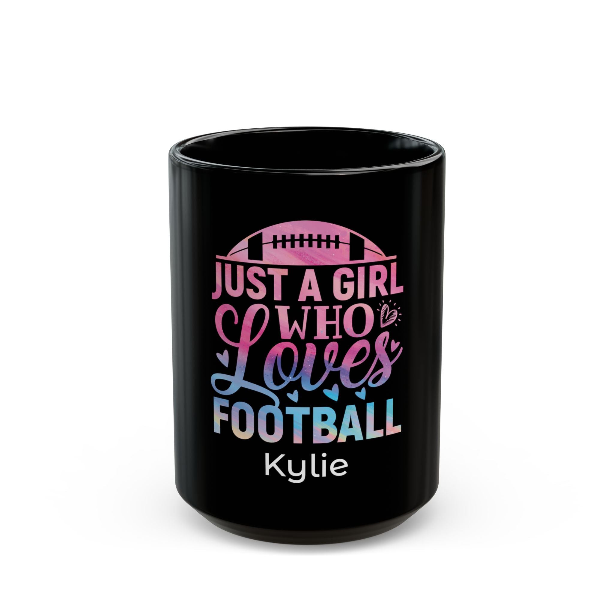 Personalized football mug for girls - Just a Girl Who Loves Football in pastel ombre on black 15oz ceramic