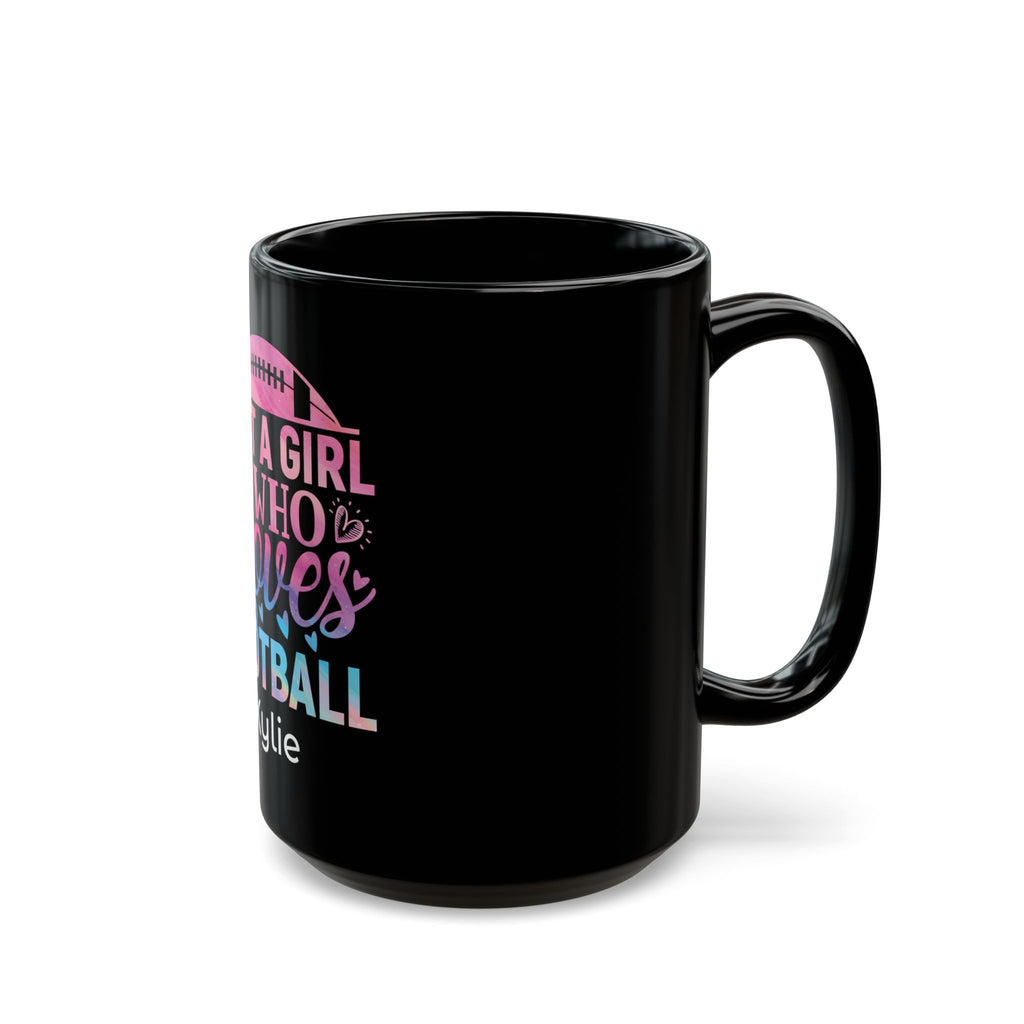 Black football mug for girls shown from the side - personalized gift for female sports fans