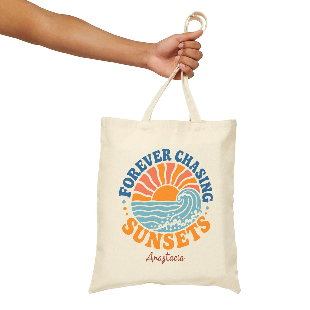 Personalized forever chasing sunsets canvas tote bag styled in a home setting