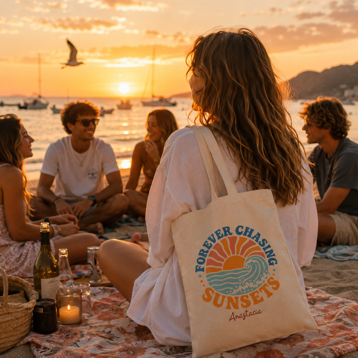 Personalized forever chasing sunsets tote bag shown worn on shoulder, lifestyle photo