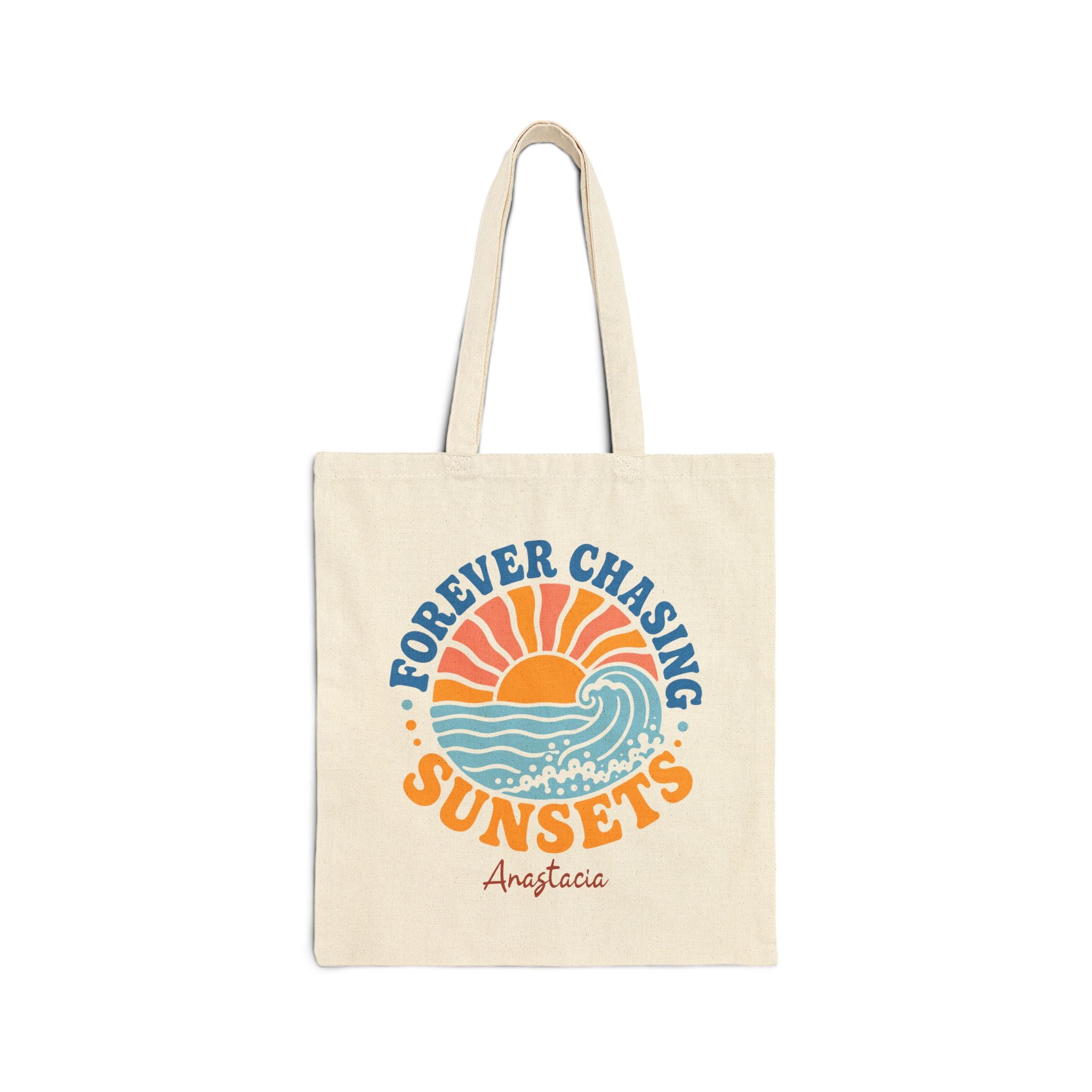 Personalized sunset canvas tote bag with custom name, forever chasing sunsets design