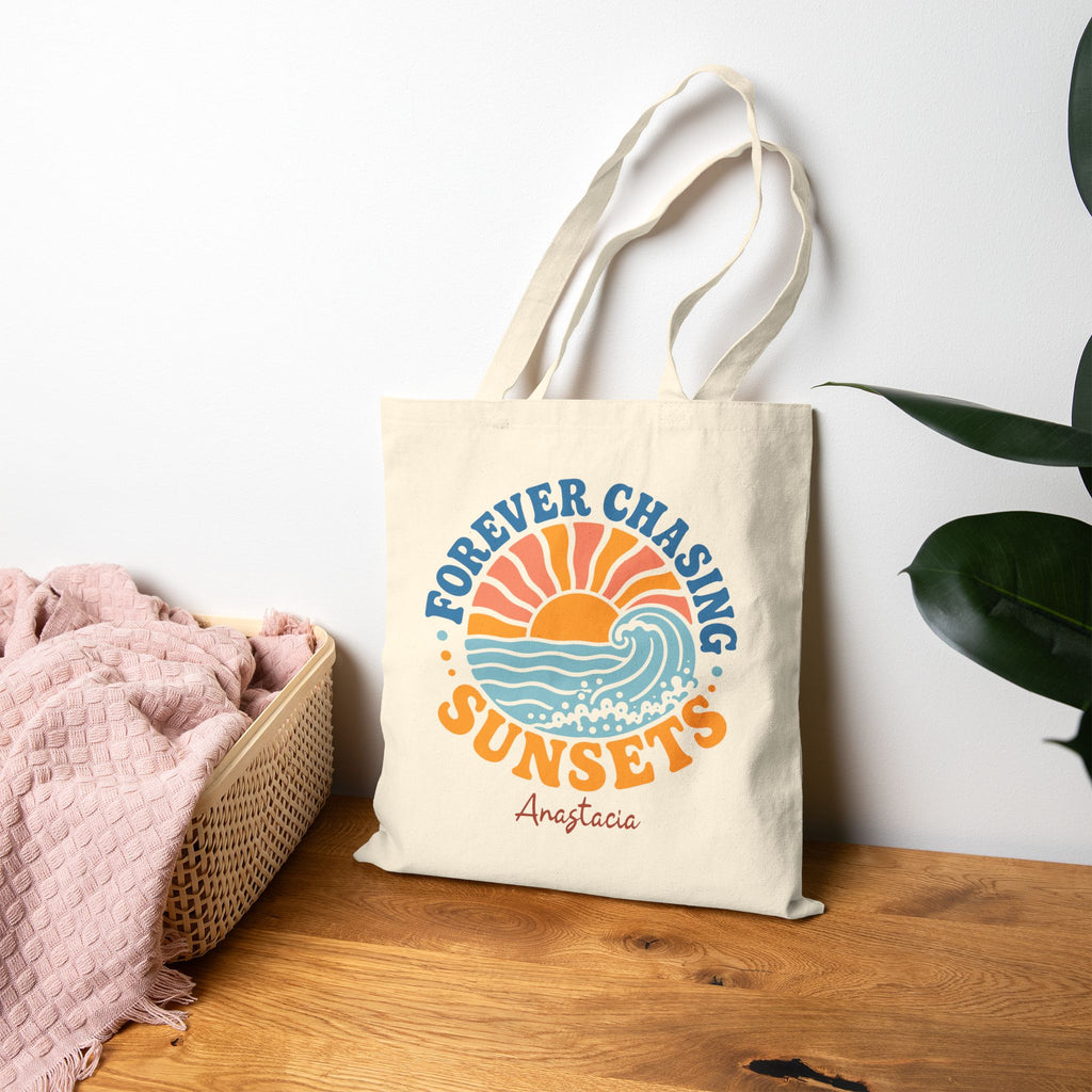 Personalized forever chasing sunsets canvas tote bag size and dimensions reference