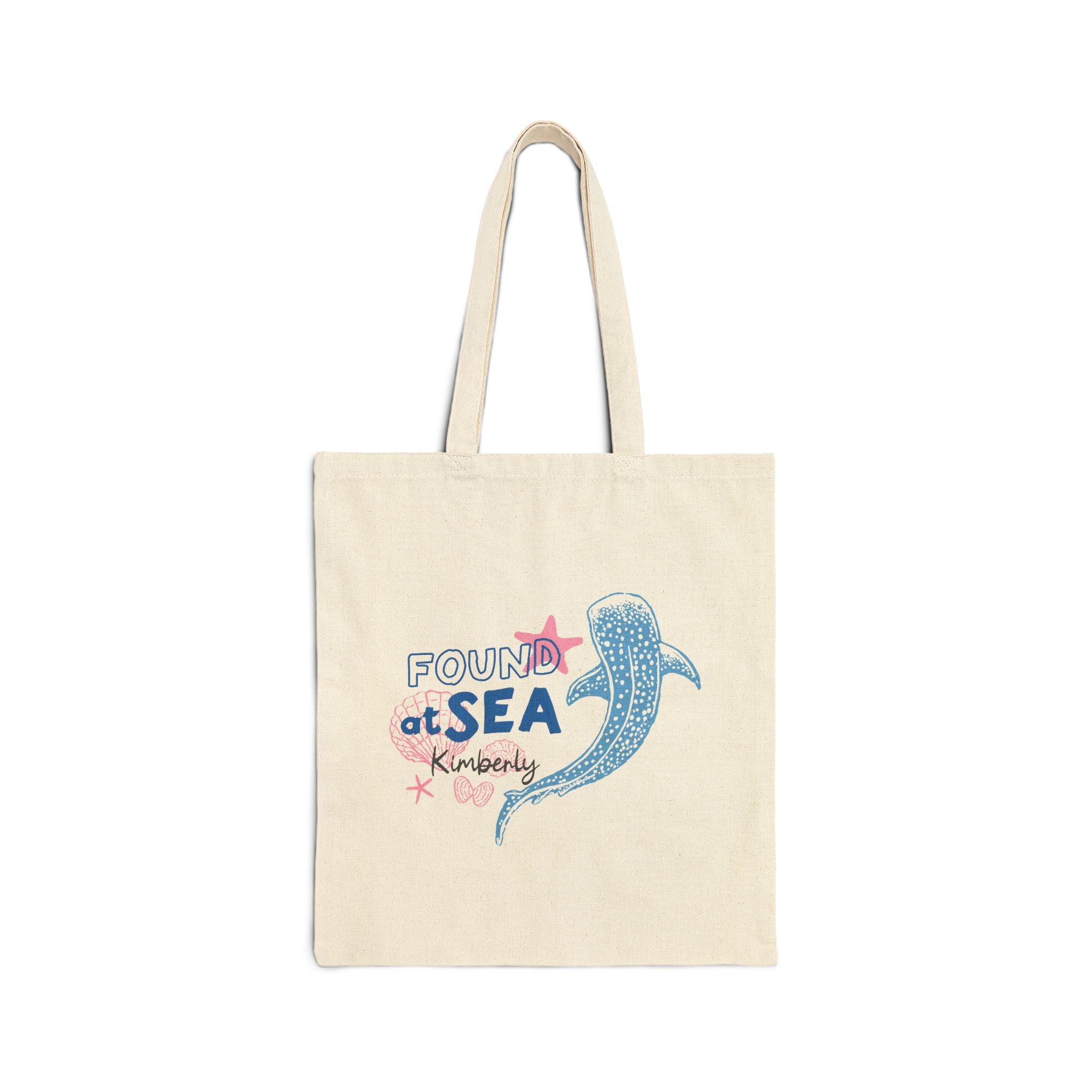 Personalized whale shark canvas tote bag with custom name, found at sea design