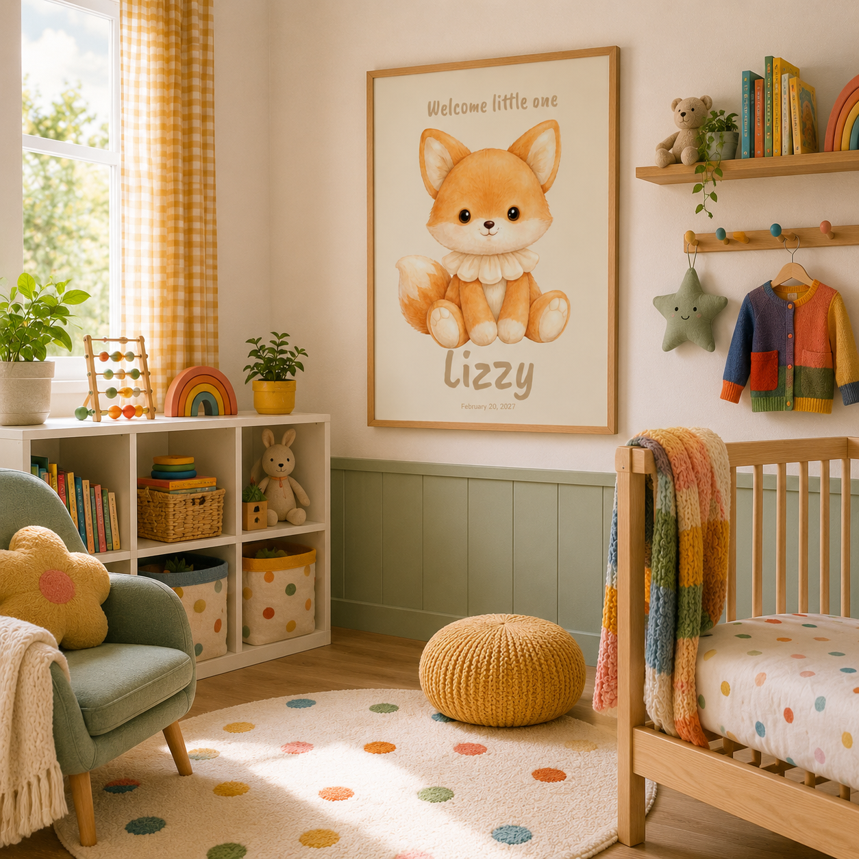 Close-up of fox nursery poster showing personalized name and birth date