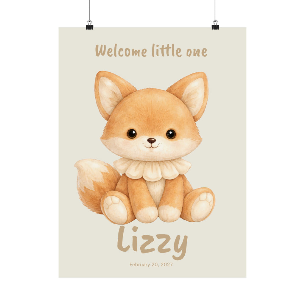 Personalized fox with ruche collar nursery poster, custom baby name and birth date