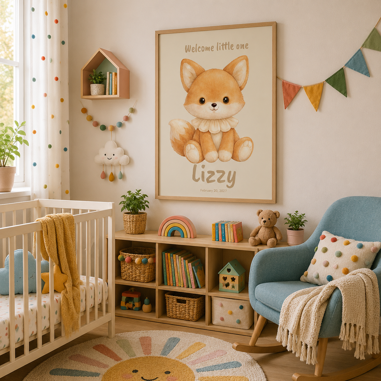 Woodland fox baby name poster displayed in nursery room setting