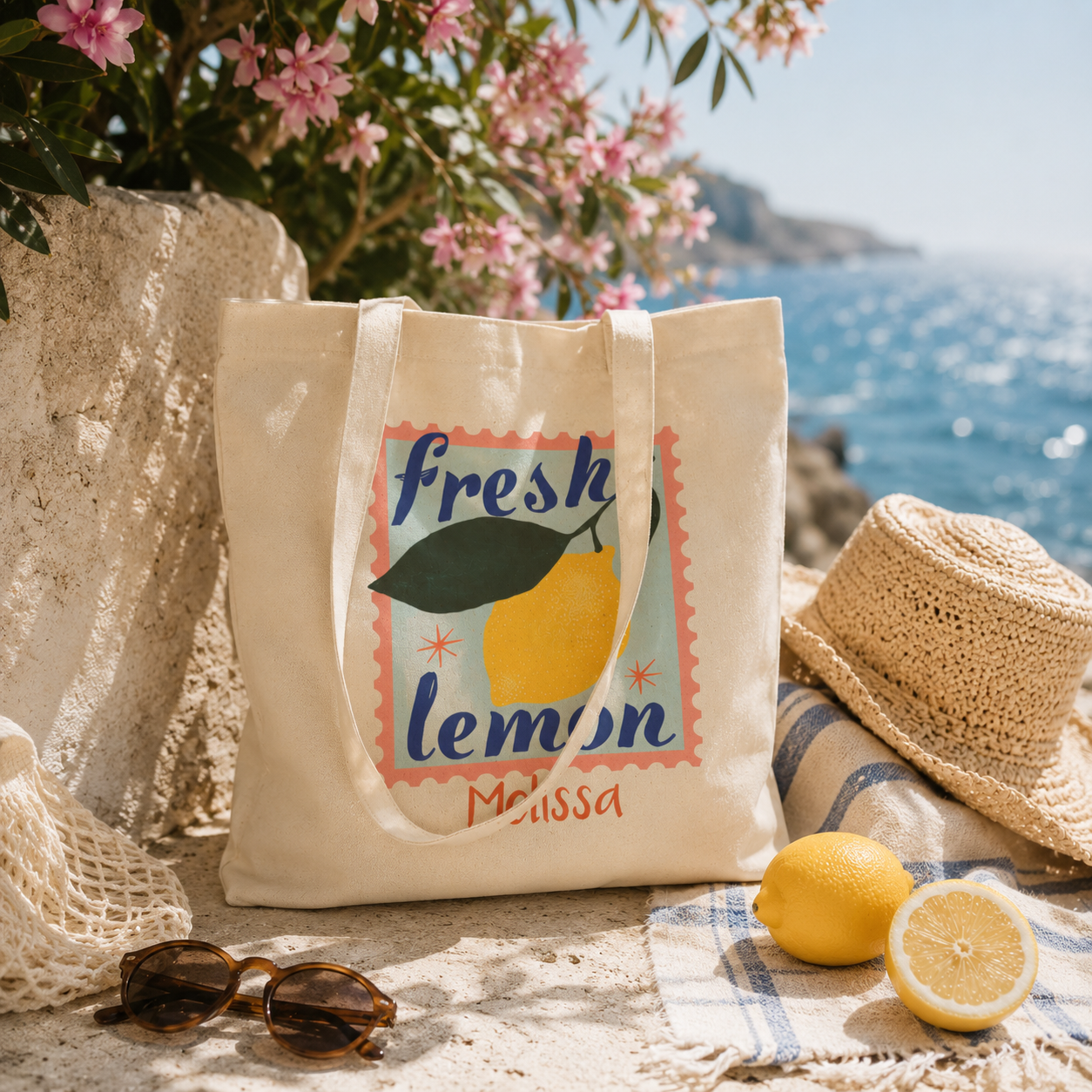 Personalized fresh lemon tote bag shown worn on shoulder, lifestyle photo
