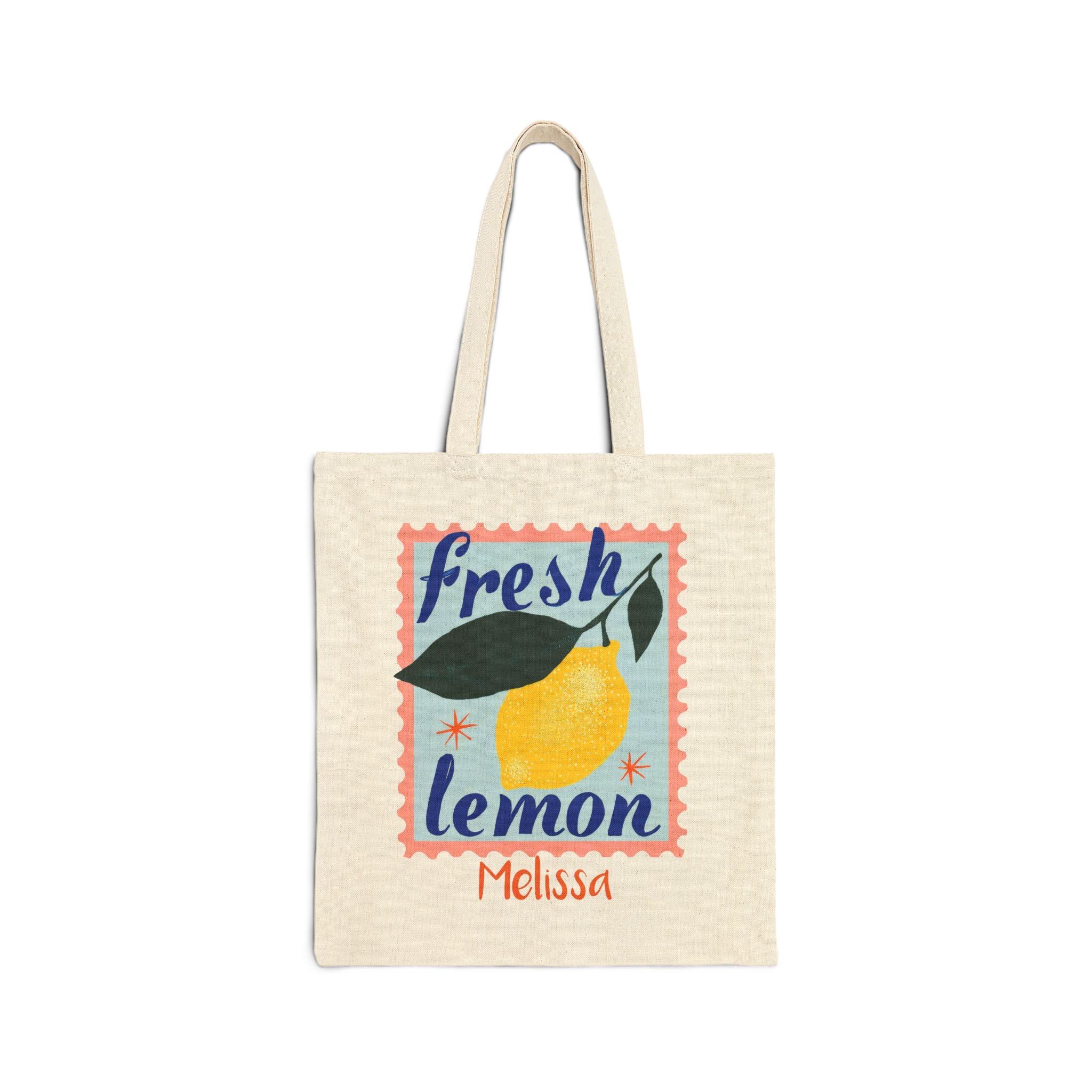 Personalized fresh lemon postage-stamp design canvas tote bag with custom name