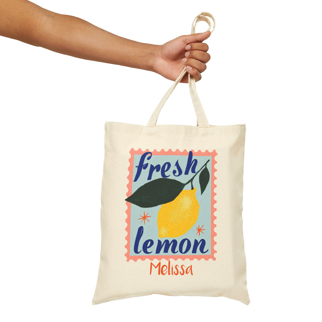 Personalized fresh lemon canvas tote bag size and dimensions reference