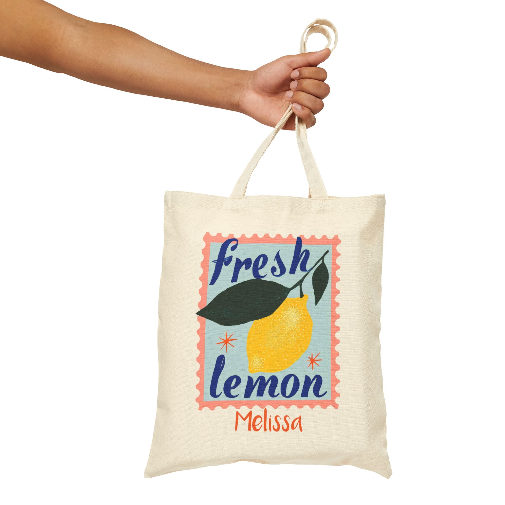 Personalized fresh lemon canvas tote bag size and dimensions reference