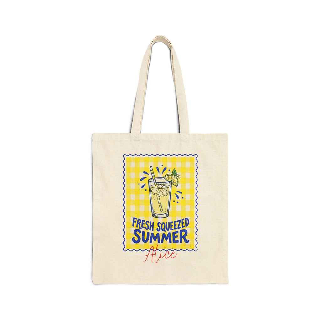 Personalized fresh squeezed summer lemonade canvas tote bag with custom name, gingham design