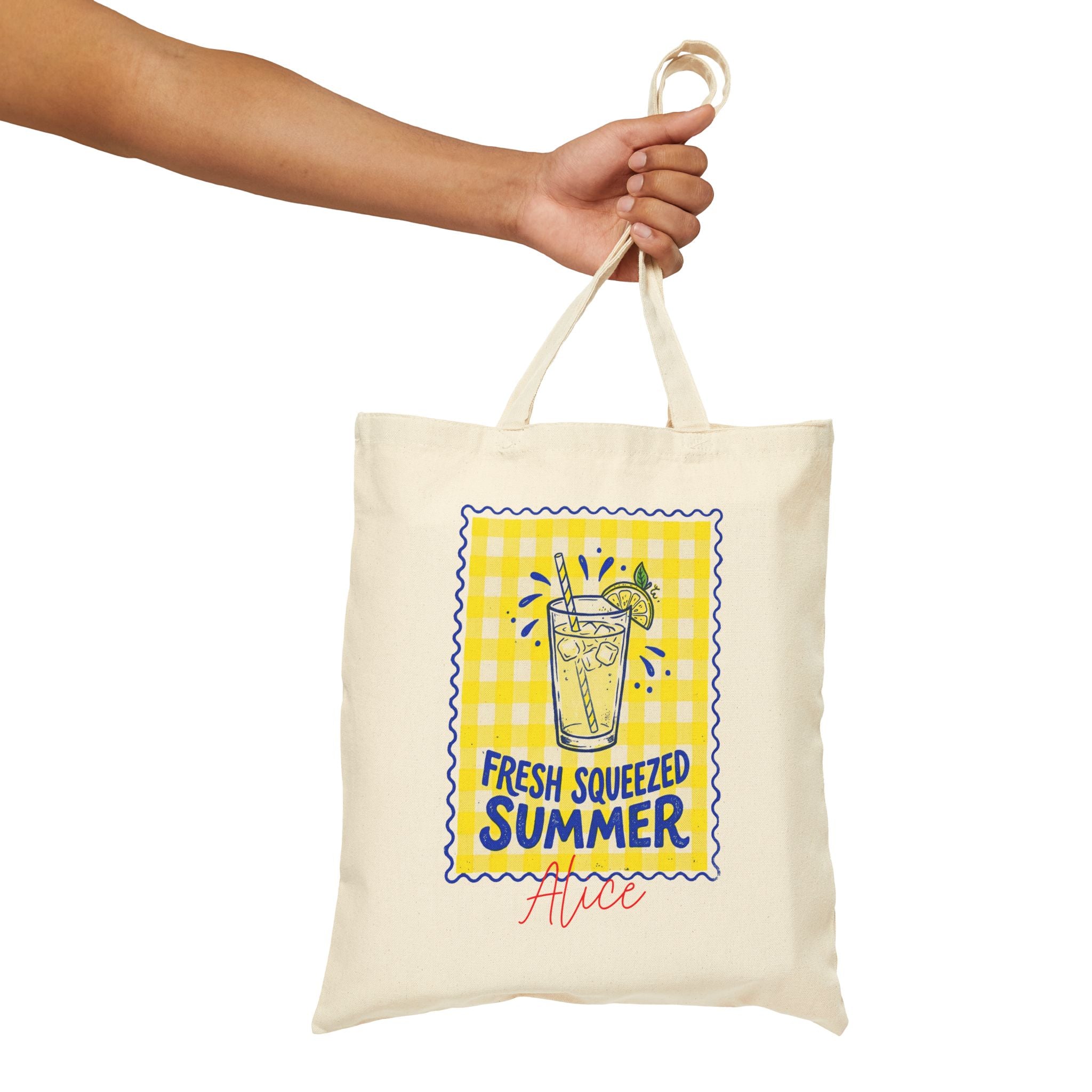 Personalized fresh squeezed summer canvas tote bag size and dimensions reference