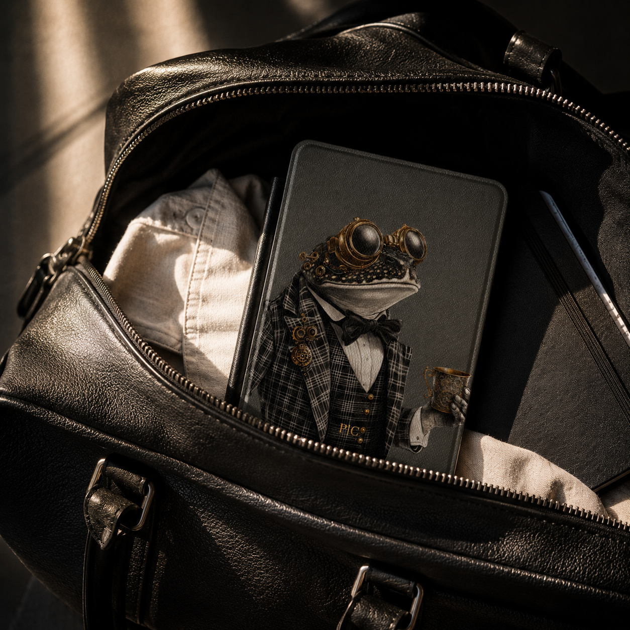 Personalized Frog Kindle case black Saffiano leatherette back cover shown in a black leather travel bag