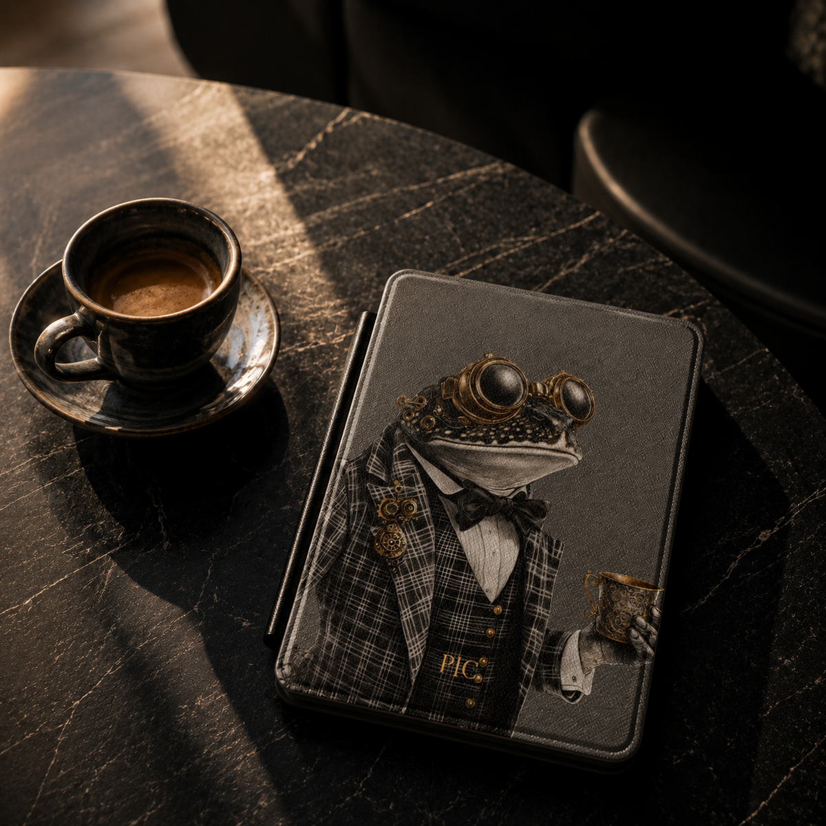 Personalized Frog Kindle case shown on a black marble coffee table