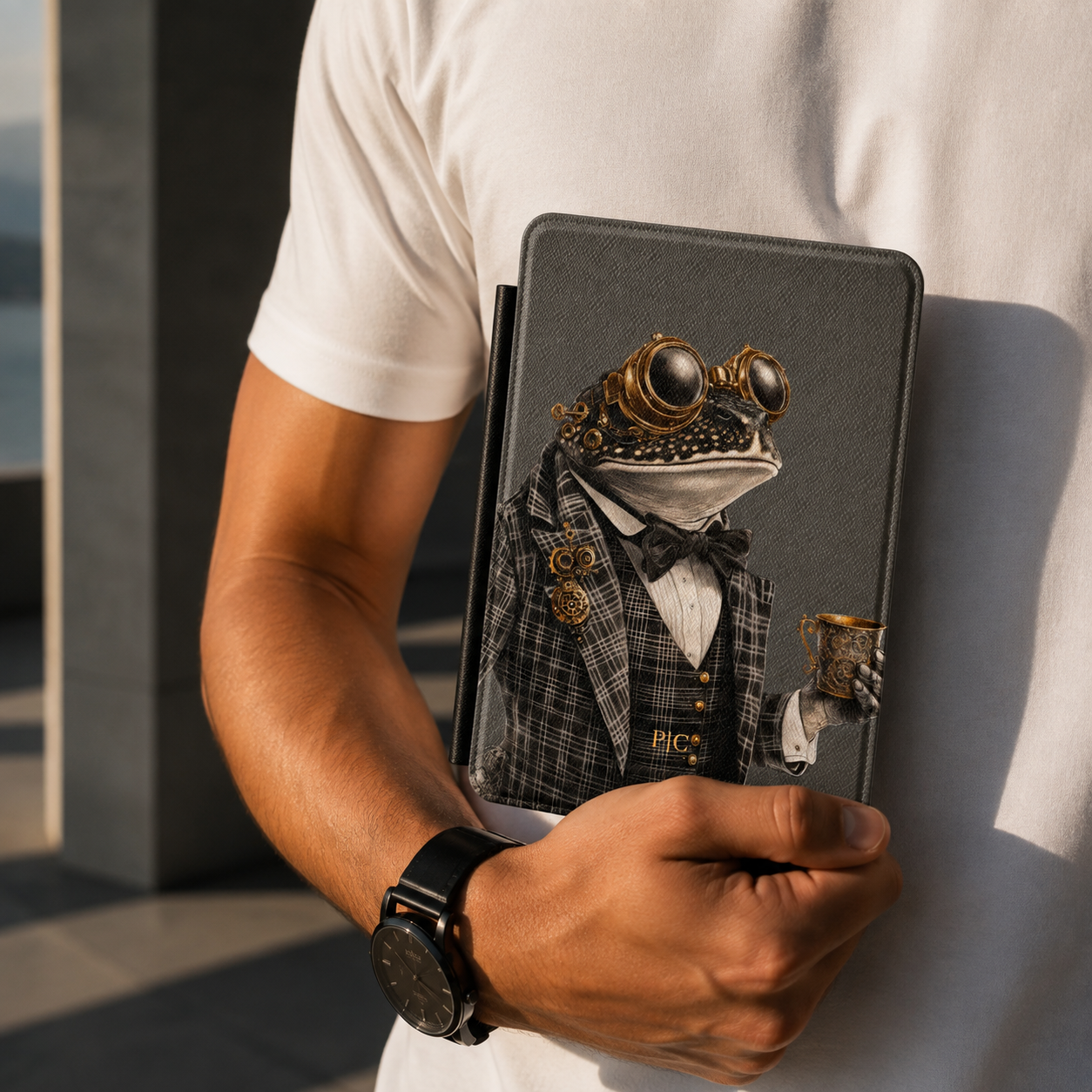 Personalized Frog Kindle case held in hand in front of white t-shirt