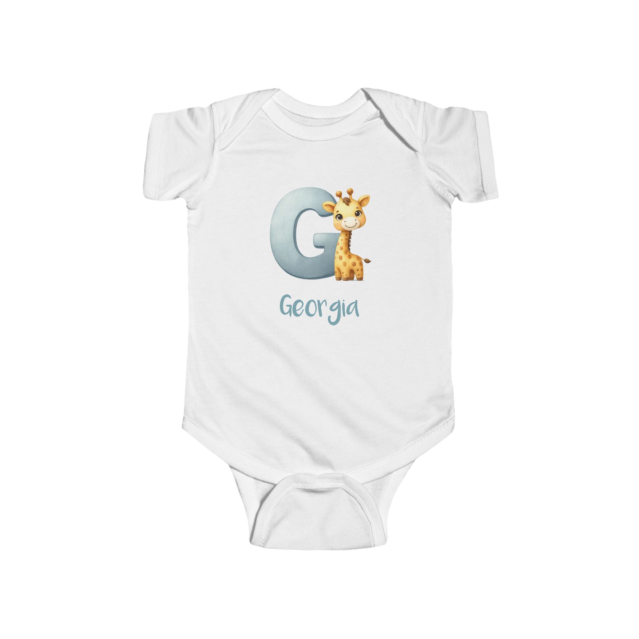 Personalized G baby bodysuit with giraffe – white cotton onesie with custom name