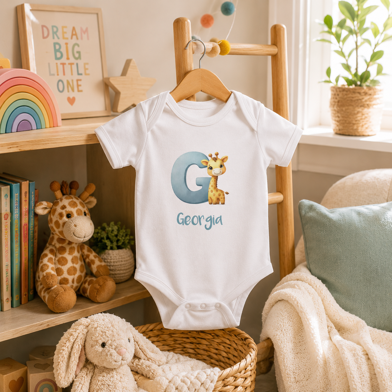Initial G bodysuit with giraffe and name in script – flat lay