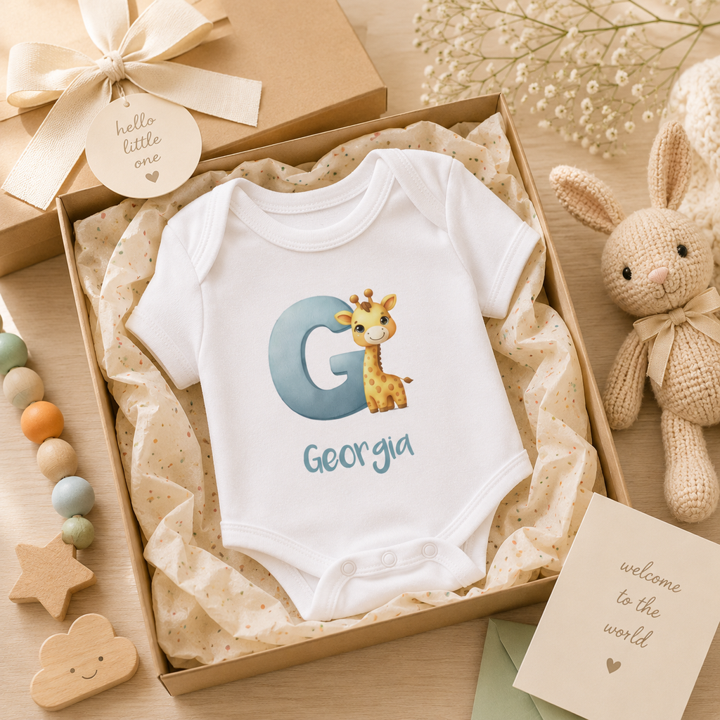 Close-up of G initial and giraffe design on baby onesie