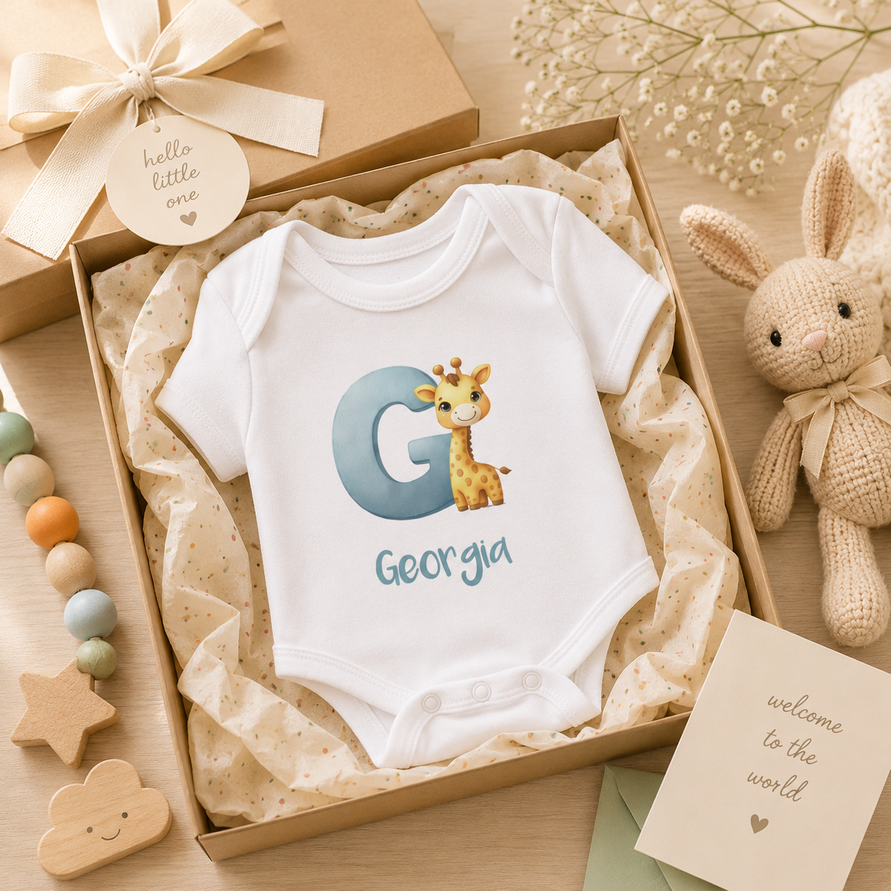 Close-up of G initial and giraffe design on baby onesie