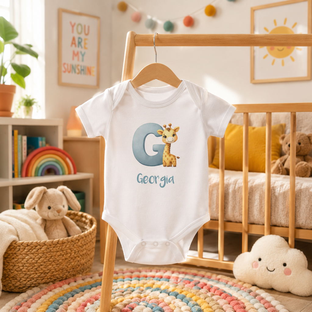 Personalized G onesie with giraffe – lifestyle photo