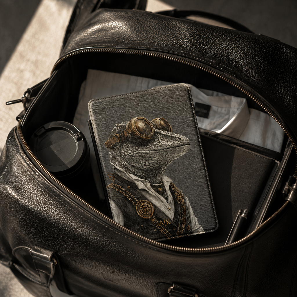 Personalized Gecko Kindle case black Saffiano leatherette back cover shown in a black leather travel bag