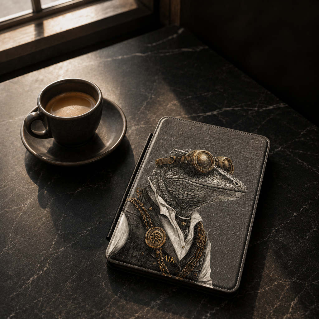 Personalized Gecko Kindle case shown on a black marble coffee table