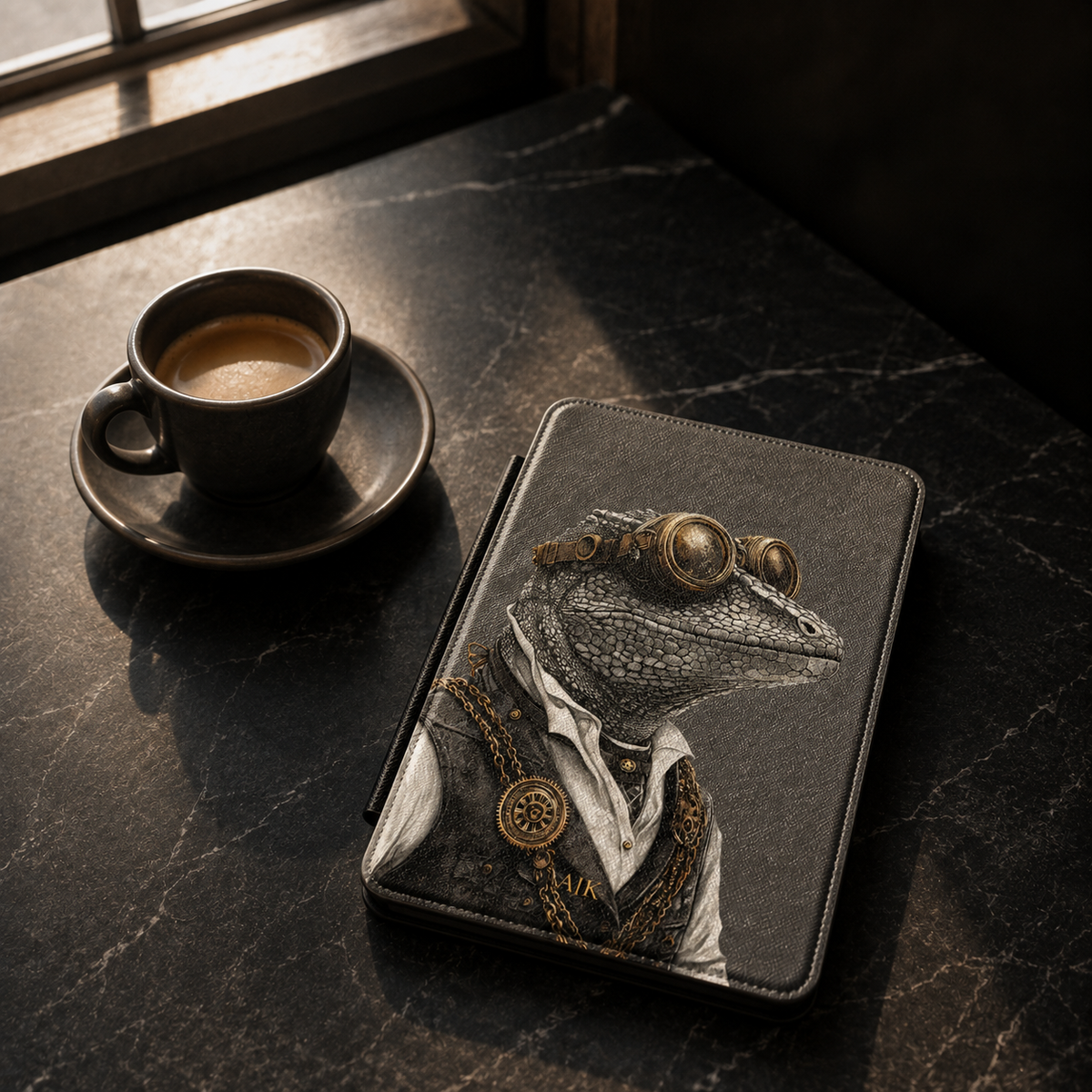 Personalized Gecko Kindle case shown on a black marble coffee table