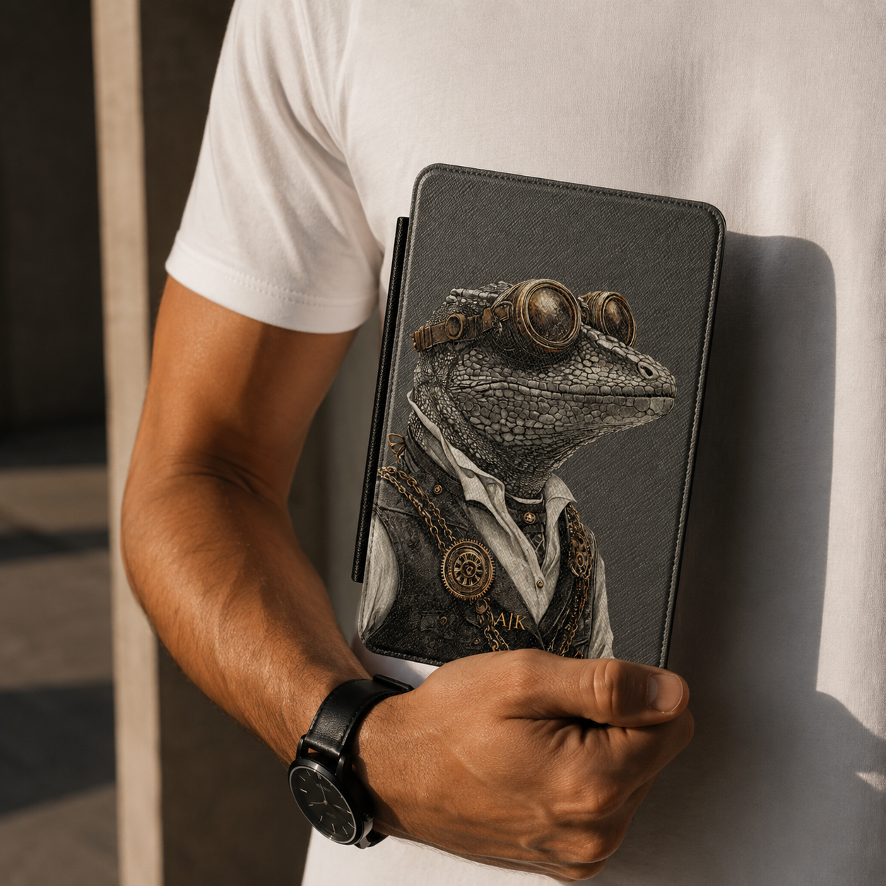 Personalized Gecko Kindle case held in hand in front of a white t-shirt