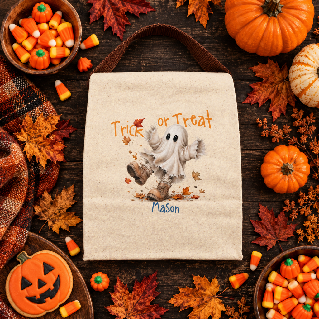 Back view of the trick or treat ghost in boots canvas lunch bag showing the brown strap handle