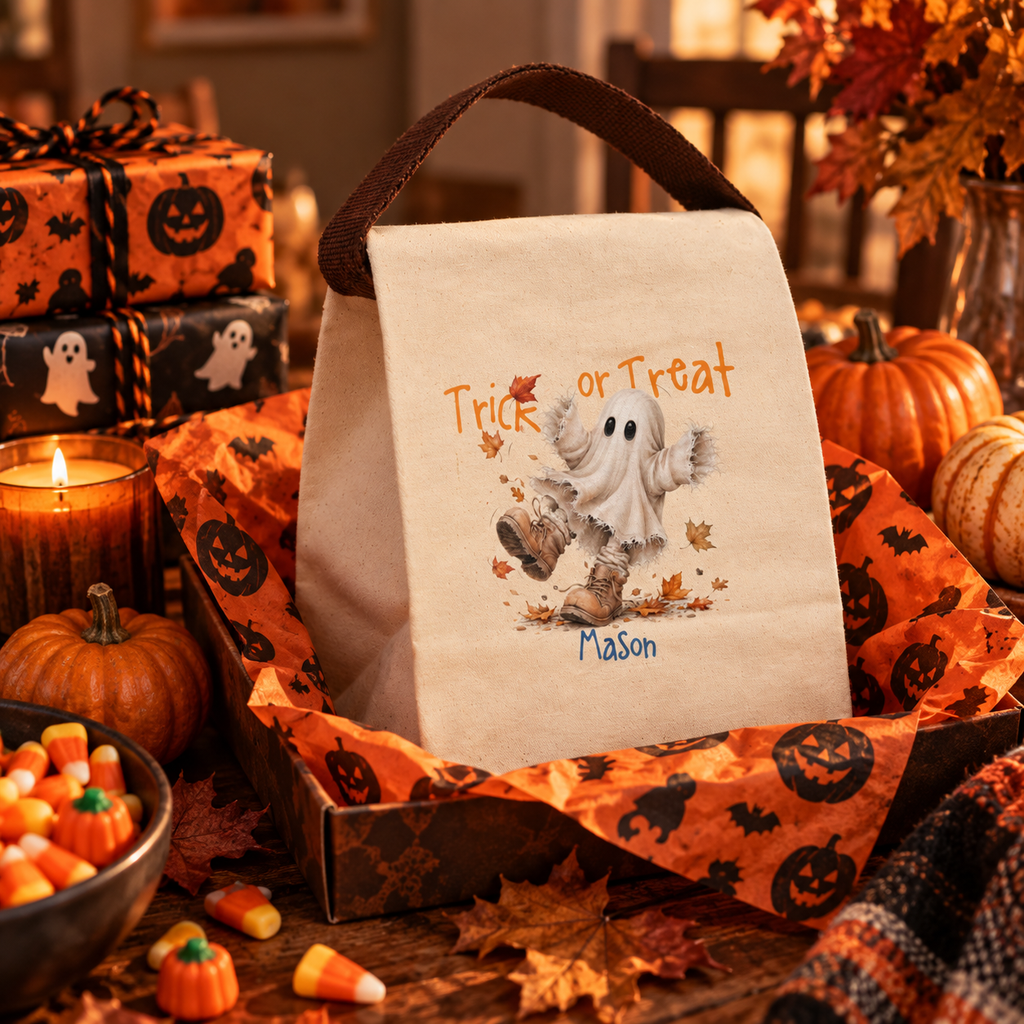 Trick or treat ghost in boots canvas lunch bag shown as a Halloween gift, personalized with custom name