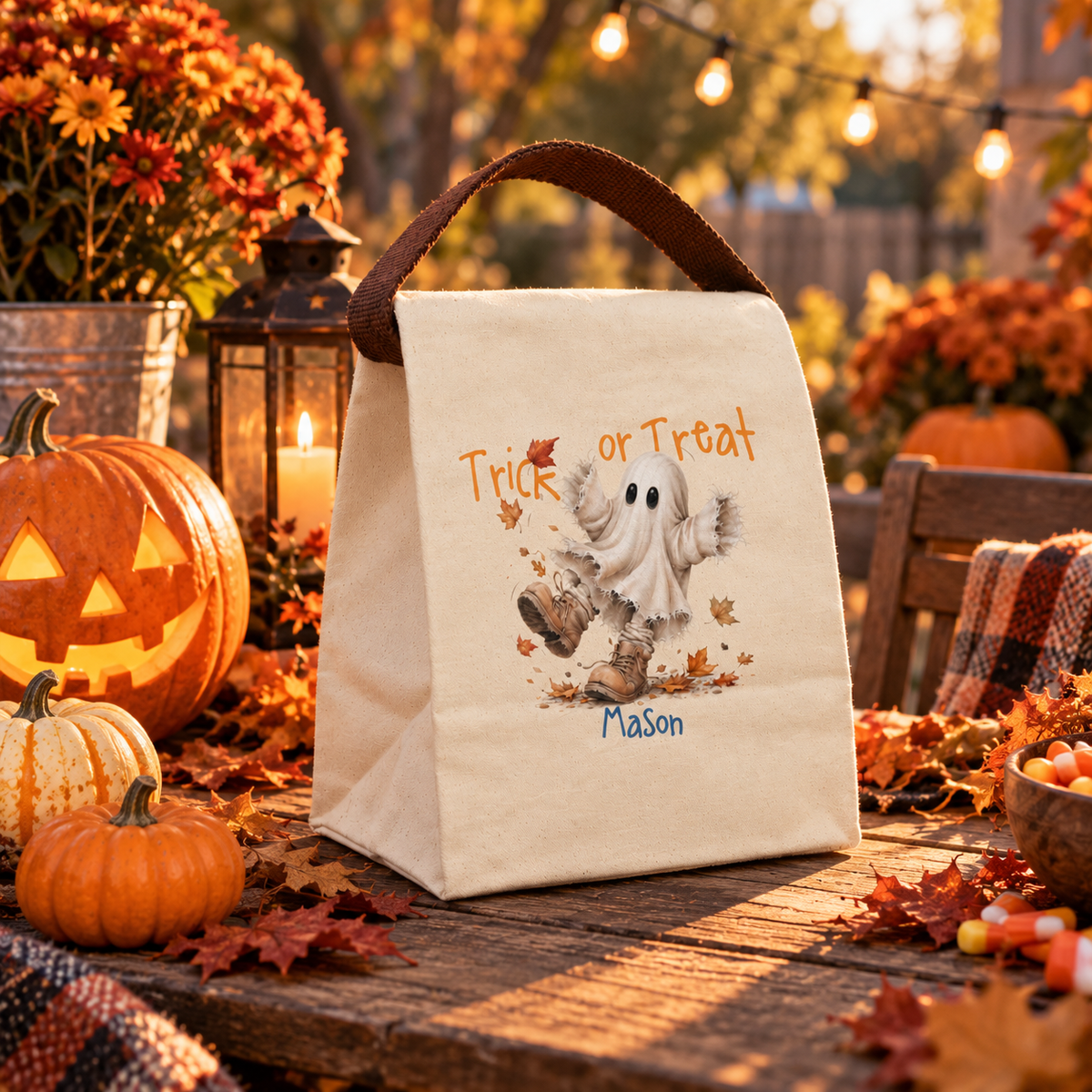 Open view of the trick or treat ghost in boots canvas lunch bag showing the roomy roll-top interior