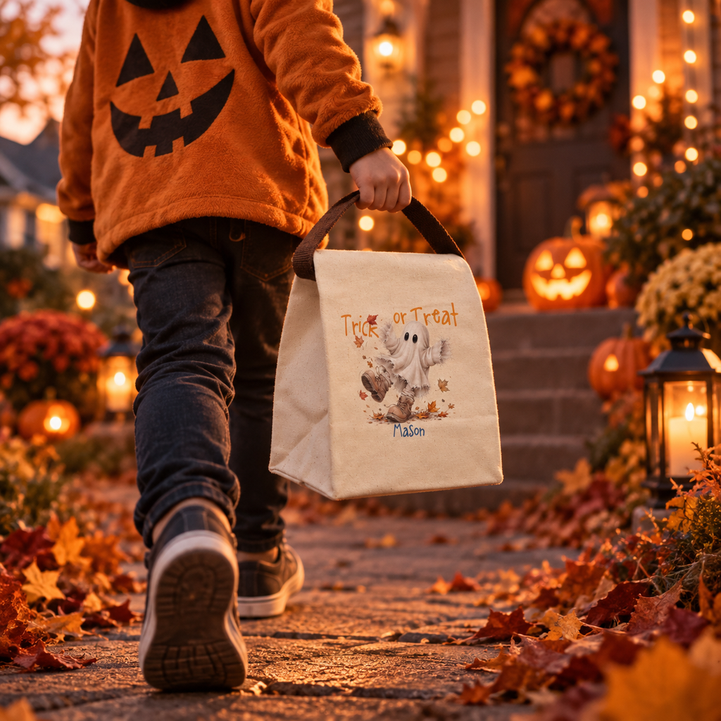 Trick or treat ghost in boots canvas lunch bag styled for a fall lunch, personalized with custom name