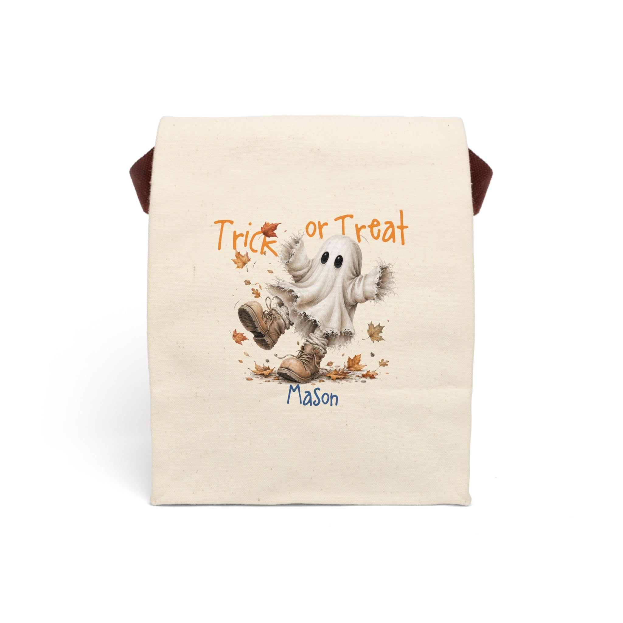 Personalized Trick or Treat ghost running in boots canvas lunch bag with custom name