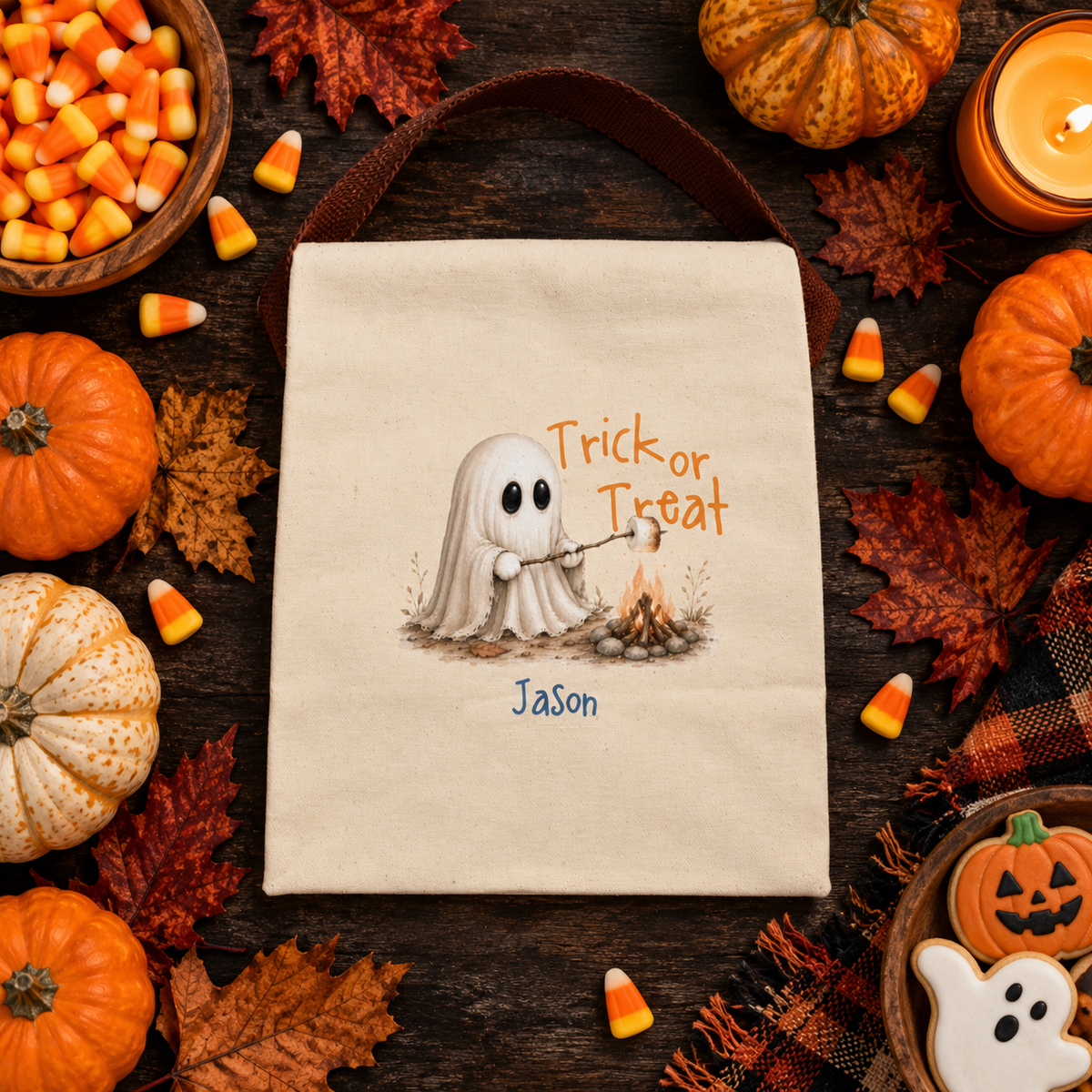 Back view of the trick or treat ghost campfire canvas lunch bag showing the brown strap handle
