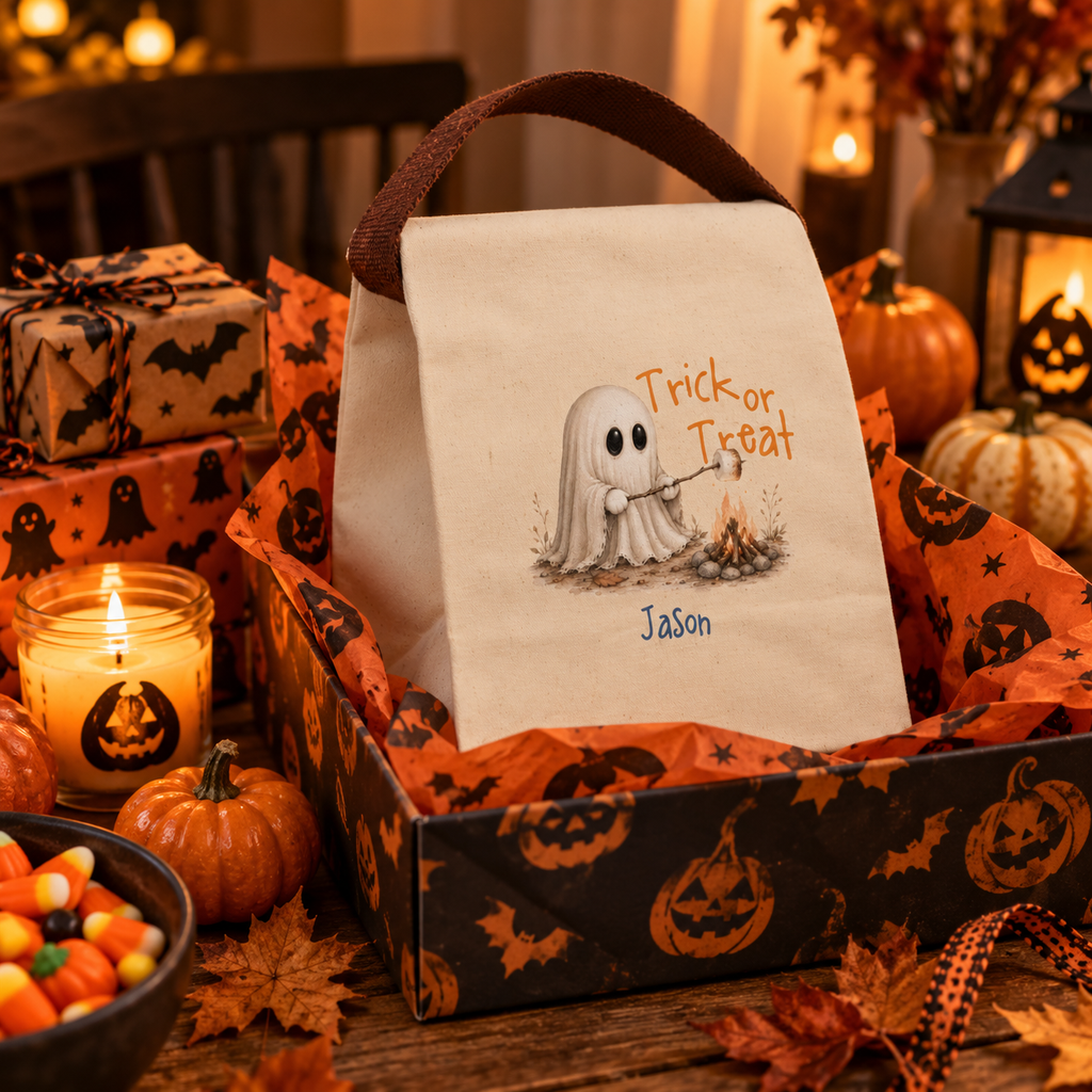Trick or treat ghost campfire canvas lunch bag shown as a Halloween gift, personalized with custom name
