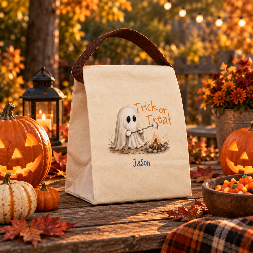 Open view of the trick or treat ghost campfire canvas lunch bag showing the roomy roll-top interior